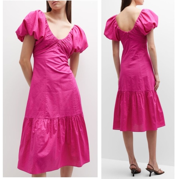 FRAME Puff-sleeve Textured Midi Dress V-neck A-line High Low Flounce Hem Small - Picture 5 of 16